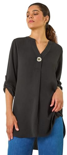 Roman Originals Shirt for Women UK Ladies Longline Top Collarless Blouse Smart Tunic Casual Evening Relaxed Fit 3/4 Length Sleeve Notch V Neck Long - Plain Black - Size 12