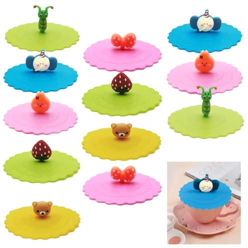 PXBSNB 12 PCS Silicone Glass Cup Cover, 10 CM Anti Dust Cup Covers for Drinks, Cute Cartoon Silicone Lids, Reusable Drink Covers, Leak Proof Silicone Cup Lids for Coffee Tea Wine Beer Mug