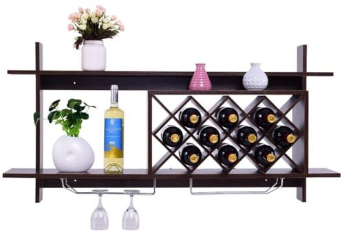 GYMAX Portabottiglie di Vino da Parete in Legno, Scaffale per Vino con 2 Ripiani e 2 File di Portabicchieri, Aspetto Moderno per Salotto e Cantina (Noce Nero - 120x58,5x20 cm)