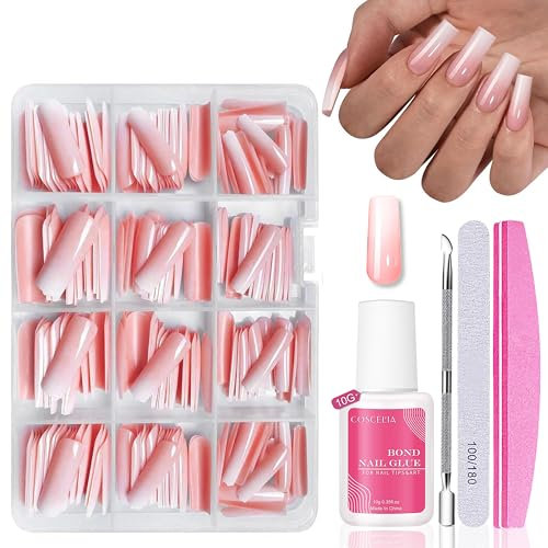 Nagel Tips Set - 240 Stück Französisch Falsche Nägel Zum Aufkleben - Weiß Rosa Gradient Design Künstliche Nägel Tips Full Cover Fake Nails Nail Art Manicure für Nail Extensions mit Box (Pink Sarg)