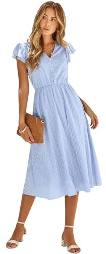 HEYPORK Damen Frühling Sommer Bequem Lässig Mode Elegant Kleider Frauen Beiläufige Feste Farbe V-Ausschnitt Taille Abnehmender Frischer Stil Kleid(A Blau, S)