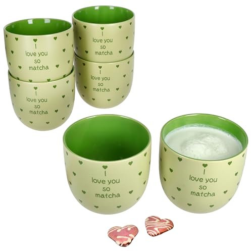 MamboCat Lot de 6 tasses à matcha I Love - 370 ml - En faïence verte - Sans anse - Avec cœurs et inscription - Pour 6 personnes - Pour thé matcha, matcha latte, smoothie et autres