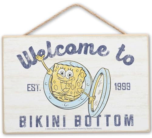 SpongeBob SquarePants Nautisches Welcome to Bikini Bottom Hängende Holz-Wanddekoration – lustiges SpongeBob-Schild für Zuhause
