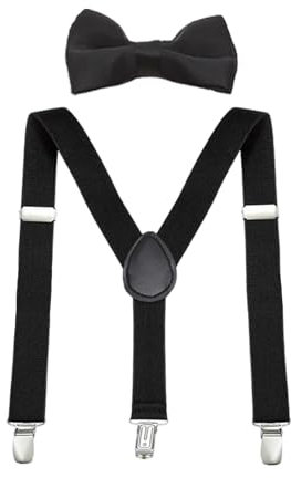 CXNXFD Kinder Hosenträger Fliege Set, Kinder-Hosenträger mit Elastischer Y-Form Verstellbar mit Clips (Schwarz)