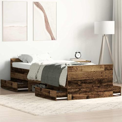vidaXL Bed Frame - Engineered Wood, Solid Pine & Plywood with Old Wood Finish - 193x78cm - Bedroom Storage Solution