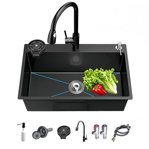 Fregadero de cocina negro, 38 x 30 cm, acero inoxidable, compacto con escurridor y escurreplatos, ideal para cocinas pequeñas, bares o cuartos de servicio (negro, 80 x 50 cm)