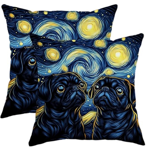 Kissenbezug mit schwarzem Mops, Sternennacht, dekorative Hundekunst-Kissenbezüge, Akzente für Wohnzimmer, Sofa, Bett, Couch, Tierliebhaber, Geschenk, 35,6 x 35,6 cm, 2 Stück