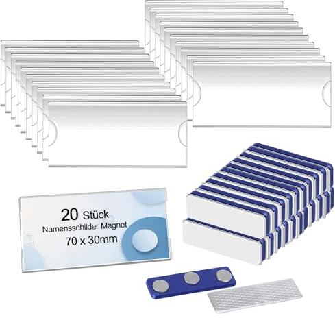 20 Stück Namensschilder Magnet, 70 x 30mm Namensschilder Magnetisch | Magnetische Namensschild für kleidung Ausweishalter, Name tag mit Selbstklebende Magnet