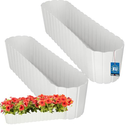KOTARBAU® 2er Set Blumenkasten Balkon - Blumentopf - 60x14x13cm Weiß - Pflanzkübel - Pflanzkasten - Pflanzentopf - Kunststoff - Balkonkasten - Rustikal - Übertopf groß