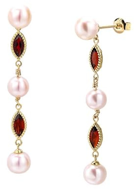 Homxi Damen Ohrringe Hochzeit 585 Gold, Marquise und Perlen mit Granat, Frauen Ohrringe Rot Gold Stecker