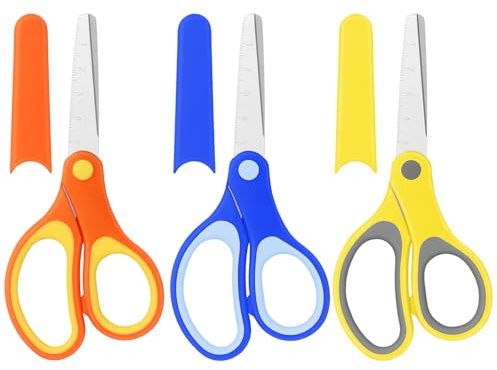 Vutyvve Kinderschere, stumpfe Spitze, Sicherheits-Bastelschere für Kinder, Edelstahlklingen, weiche Gummigriffe, Orange, Blau, Gelb, Dreifarbiges Set