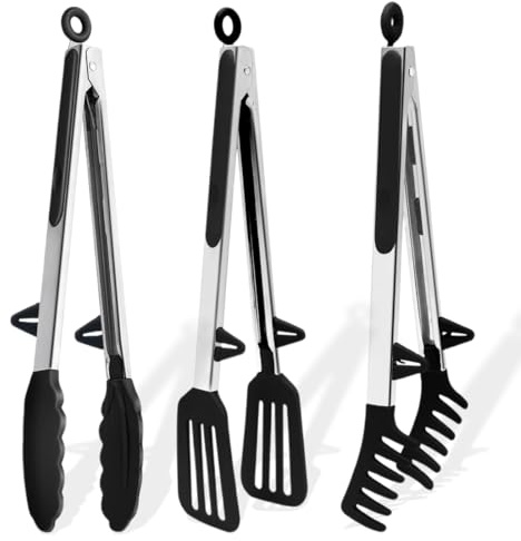Pinze da Cucina, 3 Pezzi, Pinze da Barbecue Acciaio Inoxe Silicone di Alta qualità, Pinza per Spaghetti, Pinze Cucina Professionali, per Spaghetti, Insalata, Pasta, Cucina, Nero