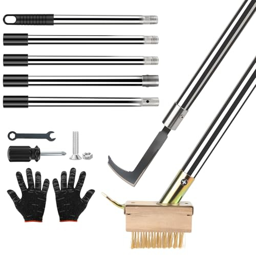 Brosse à Désherber 2-en-1 avec Manche Télescopique (160cm), Grattoir pour Joints de Jardin avec Lame Racloir & Brosse à Mauvaises Herbes, pour Nettoyage Joints Pavés, Bordures et Enlèvement d'Herbes &