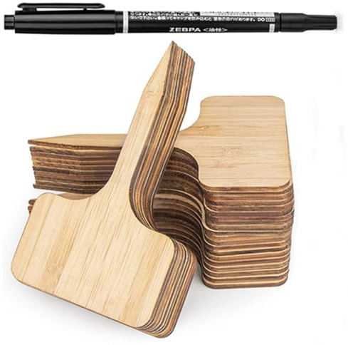 50Pcs Natural Bamboo Plant Labels with 1Pcs Marker Pen, 10x6cm T-Type Wooden Plant Labels for Outdoor Plants, Potted Seeds, Herbs & Flowers, Garden Markers Set Includes Waterproof Pen
