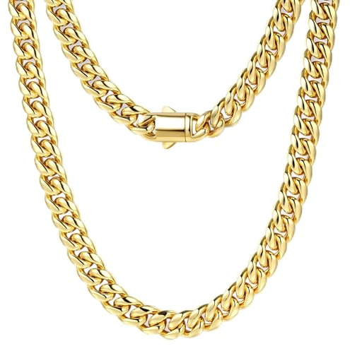 Sllaiss Mens Cuban Link Chain Necklace - 14K Gold Plated Stainless Steel Chains for Men Durable 8mm Thick Miami Curb Jewellery for Brother Father Non-Tarnish Necklaces 20 inch