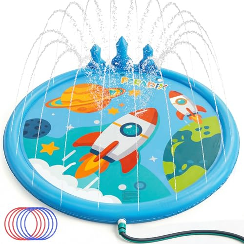 Peradix Rocket Sprinkler Mat & Ring Toss Game for Kids - Plash Water Pad Mat with 6 Throwing for Outdoors, Non-Slip Paddling Pool with Sprinkler for Kids Garden and Summer