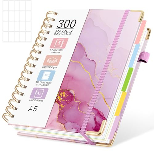 MOFELON A5 Notebook with Dividers, Notepad A5, 300 Pages Spiral Lined Notebooks,PU Leather HardCover Journals for Women,Note Book Pad for Office Work School, 21.5 x 15.8cm-Gold