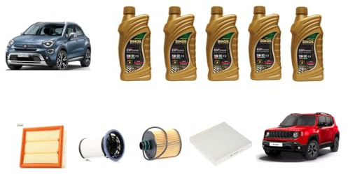 Kit Tagliando Completo 4 Filtri + 5L Olio 5W-30 | Compatibile con Jeep Renegade e Compatibile con Fiat 500X 1.6 Multijet | Filtro Olio, Aria, Abitacolo, Carburante