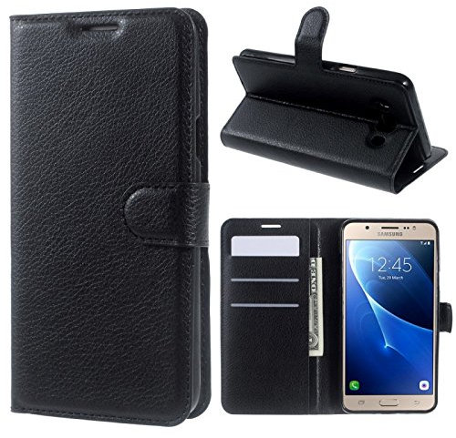 COPHONE® Etui Coque Housse de Protection Noir en Cuir pour Samsung Galaxy J7 2016 J710 Etui porteufeuille Noir Haute qualité pour Samsung J7 2016 J710