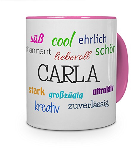 printplanet Tasse mit Namen Carla - Positive Eigenschaften von Carla - Namenstasse, Kaffeebecher, Mug, Becher, Kaffeetasse - Farbe Rosa