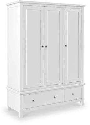 RoselandFurniture Cornish White Large 3 Door Triple Wardrobe for Bedroom | Clothes Storage, Wooden Closet with Hanging Rail and Drawers, Painted Finish, Bright Minimalist Style, H183cm W130cm D52cm