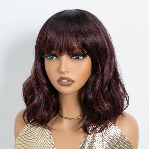 NOBLE Red Wig with Bangs - Short Colorful Wavy Bob Wig, Shoulder Length Ombre Wine Red Curly Wigs, Heat Resistant Synthetic Burgundy Colored Wigs for White Women