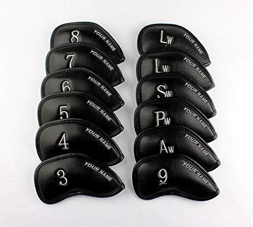 Craftsman Golf Custom Golf Club Covers 12pcs Thick Synthetic Leather Golf Iron Head Covers Set Headcover Fit Callaway Ping PXG (V:Custom Black with Silver No.)