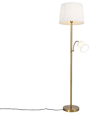 Qazqa - Klassisch I Antik Klassische Stehlampe bronzefarbener Stoffschirm weiß mit Leselampe - Retro I Wohnzimmer I Schlafzimmer - Stahl Länglich - LED geeignet E27