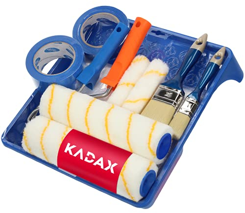 KADAX Malerset 13 tlg: 2x Rollengriffe, 4x Farbrollen, 1x Abtropfgitter, 1x Einlage für Abtropfgitter, 1x Malerfolie, 2x Bänder, 2x Pinsel (13 Teile)