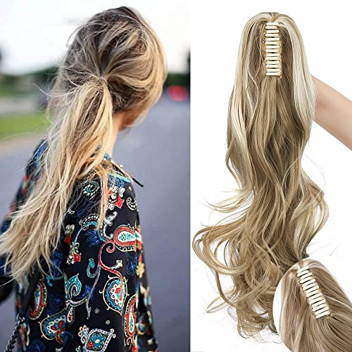 SEGO 45cm Pferdeschwanz Haarverlängerung Ponytail Haarteil Zopf Clip in Extensions Voluminös Claw on Synthetik Haare Gewellt Ash Brown & Bleach Blond