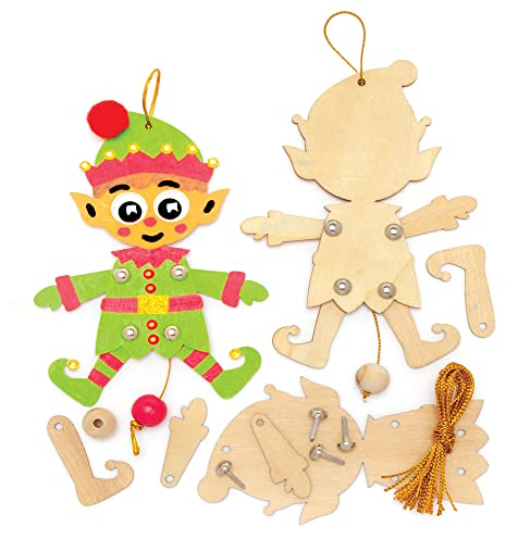 Baker Ross FE966 Weihnachtself Handpuppen aus Holz - 5er Pack, Bastel deine eigenen Holzpuppen, Holzbastelset für Kinder zum Zusammenbauen und Dekorieren
