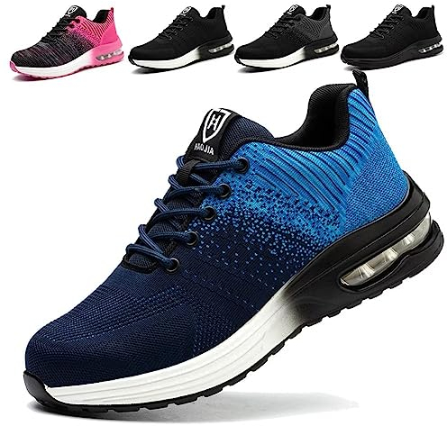 ISOOUS Sicherheitsschuhe Herren Damen Arbeitsschuh Luftkissen Schutzschuhe mit Stahlkappe Sportlich Schuhe Atmungsaktiv Blau 42