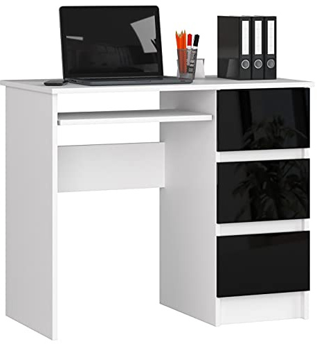 AKORD Schreibtisch A6 90 cm | 3 Schubladen Rechts | Schreibtisch | Bürotisch | Computertisch | Arbeitstisch | Laptoptisch | Bürmöbel | B90 x H77 x T50 cm | Gewicht 31,00 kg | Weiß/Schwarz Hochglanz