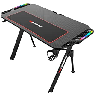 DRIFT GAMING DRDZ150 - Mesa Gaming con Tablero con Acabado en Fibra de Carbono, Alfombrilla Full Size, Soporte Tazas y Auriculares, Extensiones Laterales RGB, Organizador de Cables, Color Negro