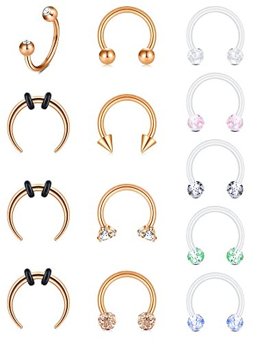 Rajnard 16G 8mm Septum Piercing Septum Ring Lippenpiercing Chirurgenstahl Hufeisenring mit Glitzerkugel Tragus Helix Piercing Schmuck Damen Herren 13St Rosegold