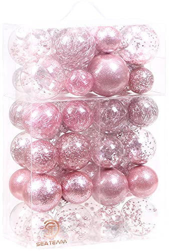 Sea Team Christbaumkugeln Set aus transparentem Kunststoff, bruchsicher, Verschiedene Größen, dekorative Weihnachtskugeln mit zierlichen gefüllten Dekorationen (48 Stück, Rosa)