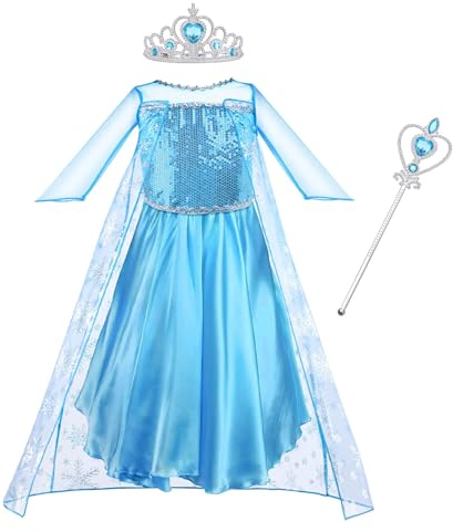 Vicloon Elsa kostüm mädchen, 3pcs Elsa Kleid Kinder Set mit Krone Diadem Zauberstab,Halloween Weihnachten Geburtstag Party Kostüm,kostüm mädchen-Blue