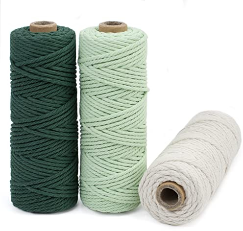 LEREATI Makramee Garn 3mm Set, 150m Makramee-Schnur, Farbig Baumwollseil, Baumwollgarn zum Hängepflanze, Wandbehang, Hochzeitsbogen, Deko (Dunkelgrün, Mintgrün, Natur)
