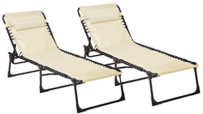 Neo Pair of Outdoor Portable Lightweight Sun Lounger Sunbed Folding Camping Reclining Lounge Chair Garden Beach Patio (Cream)