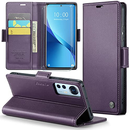 FERLAN Handyhülle für Xiaomi 12/Xiaomi 12X/Xiaomi 12S Hülle [Mit 2 Stück Panzer Schutz Glas] [Premium PU Leder] [RFID-Blockierung] [Kartenfach] Klapphülle für Xiaomi 12/Xiaomi 12X/Xiaomi 12S- Lila