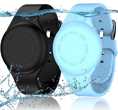 R-fun Waterproof Air Tag Armbänder für Kinder [2 Pack] Kompatibel mit Apple Air Tag Finders mit weichem Silikon, Anti Lost GPS Item Finders Case Cover für Kinder,Schwarz/Glühblau