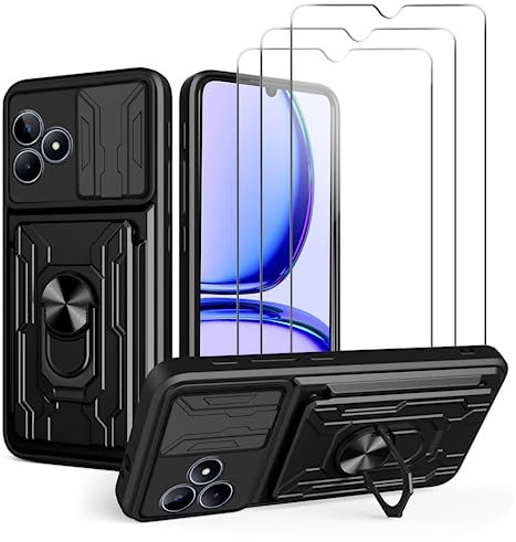KZIOACSH Coque Realme Note 50/C51/Realme C53 avec 3 Verre Trempé,Heavy Duty Antichoc Bumper Housse,Couvercle de caméra à glissière+360°degrés Béquille à Bague de Rotation,Noir