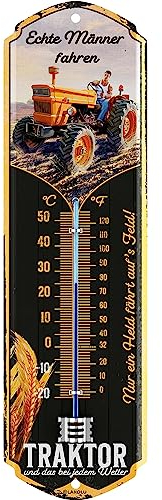 LANOLU Retro Blechschild ECHTE MÄNNER Fahren Traktor Thermometer - lustiges Werkstatt-Schild für Männer - Metallschilder mit Sprüchen, Traktorfahrer, Deko Vintage Metallschild 8x28cm
