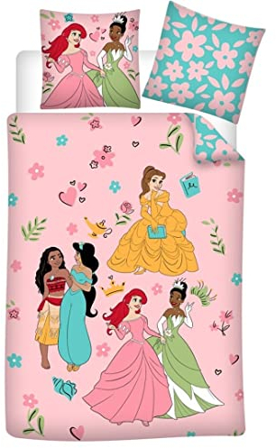 Wende Bettwäsche-Set Disney Prinzessinnen 100% Baumwolle, Bettbezug 135 x 200 cm, Kissenbezug 80 x 80 cm