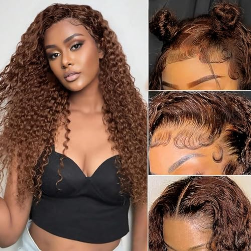 24 Zoll 13x4 Lace Front Wig Human Hair Echthaar Perücke Deep Wave HD Lace Front 180% Density Perücke Braun Light Brown Perücke Damen Human Hair Perücke Damen Echthaar 60cm