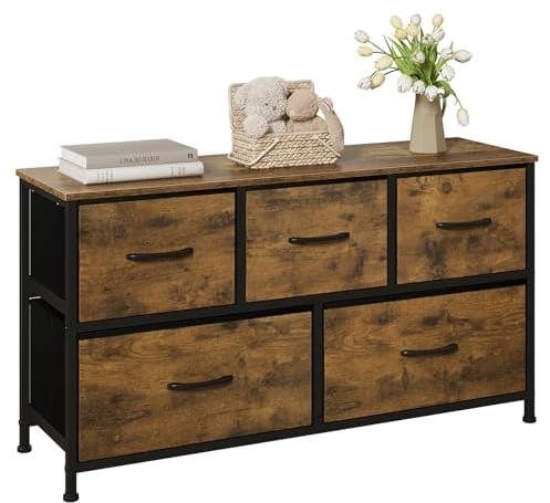 WOLTU Comoda 5 Cajones de Metal y Madera, Cajonera Almacenaje, Cómodas Organizador para Dormitorio y Habitacion, Marrón Rústico y Negro, SSK005hov