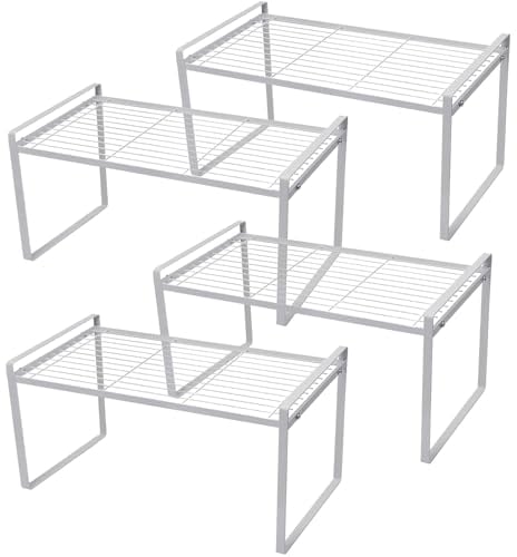 Lineshading Set mit 4 Schrankregalen, 33 x 21 cm, rostfreies Metall, weiß, Drahtregal, rutschfest, stapelbar, für Küche, Theke, Schrank, Organisation, Aufbewahrung, Zubehör