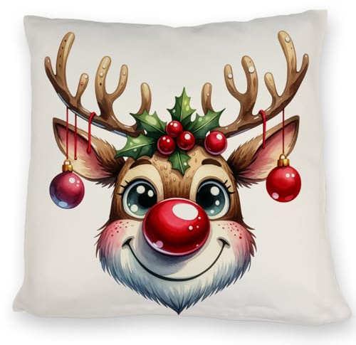 speecheese Kissen Rentier mit Weihnachtskugeln, lustigem Rentiergesicht | festlicher Rotnase und Geweih - Deko für ein fröhliches weihnachtliches Ambiente