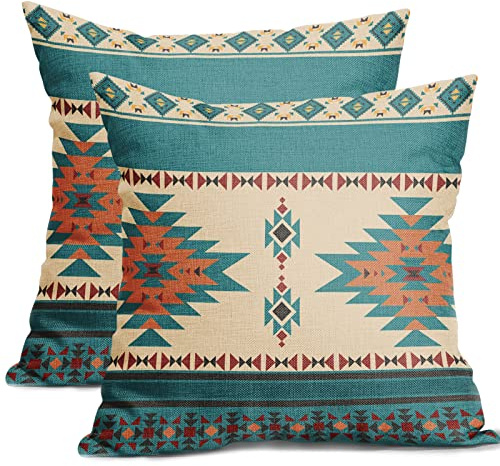 Western-Kissenbezüge, 50,8 x 50,8 cm, Türkis, 2 Stück, Southwestn Azteken, dekorative Kissen, Leinen, quadratisch, für drinnen und draußen, Wohnzimmer, Schlafzimmer, Sofa, Stuhl, Heimdekoration