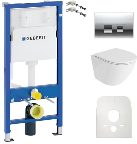 Lavita Duofix Basic Vorwandelement + Wand Tiefspül WC Sofi One Weiß Spülrandlos + WC Sitz + Bedienplatte Delta 25 Verchromt Knopf Komplettset Unterputz Spülkasten Toilette Komplett Sett WC